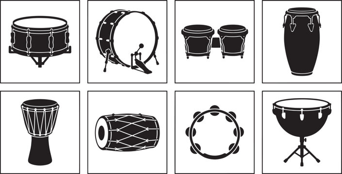 Set of black and white drum instrument icons featuring snare, bass, bongos, conga, djembe, tambourine, and timpani isolated on white background.