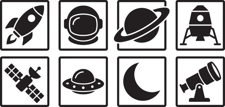 A collection of monochrome icons representing space exploration, including rockets, astronauts, planets, satellites, and telescopes