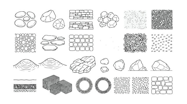 Hand drawn stone and rock vector set, outline pebble and boulder collection, architectural masonry wall patterns and gravel textures