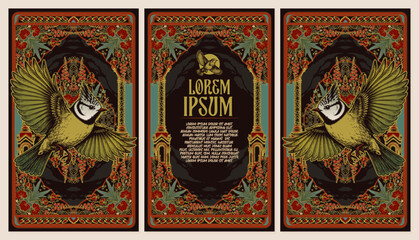 Dark Victorian Gothic Arch Invitation Set with Art Nouveau Floral Border and Crested Tit Birds © Wetan Clan