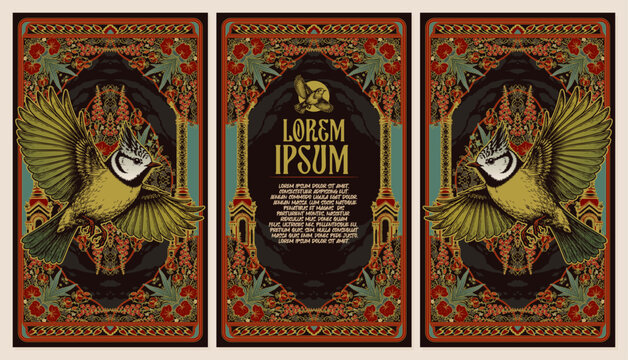 Dark Victorian Gothic Arch Invitation Set with Art Nouveau Floral Border and Crested Tit Birds