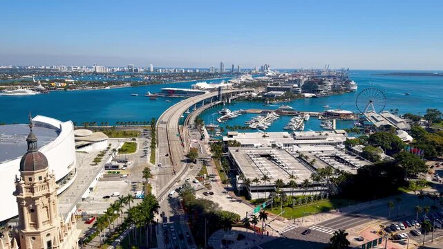 Aerial view of downtown Miami Port boulevard and Biscayne bay