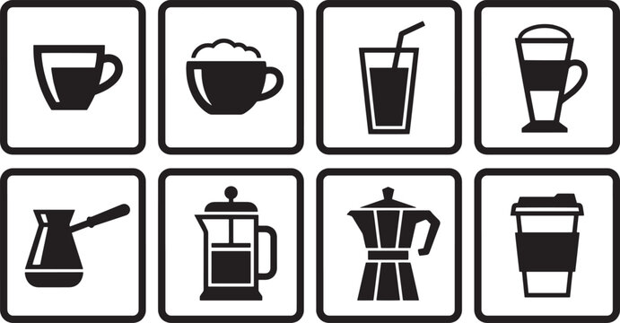 Minimalist Coffee and Beverage Icon Collection Featuring Various Brewing Methods and Cafe Cups isolated on white background.