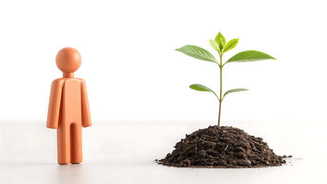Minimalist 3D wooden figure observing small plant growing from soil on white background