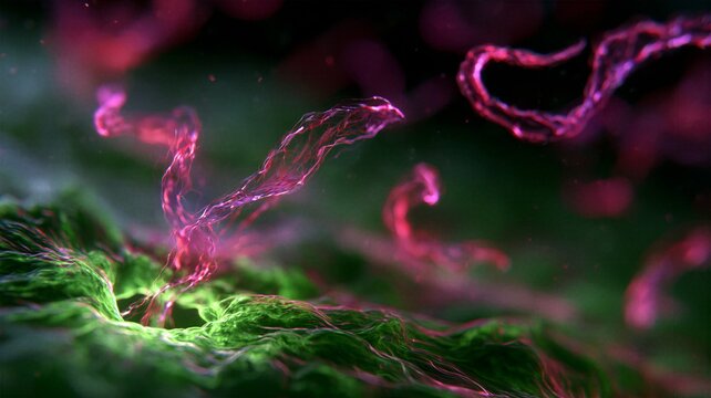 Abstract 3D render of glowing pink worm-like parasites interacting with green organic cellular tissue under a microscope. Ideal for microbiology, viral infection, medical research, parasitology, and s