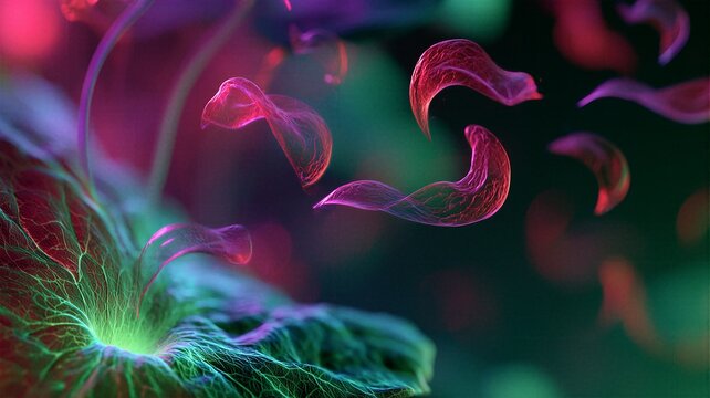 Abstract 3D render of glowing pink sickle cells and green organic tissue under a microscope. Ideal for microbiology, parasite infection, medical research, and sci-fi biotech backgrounds.