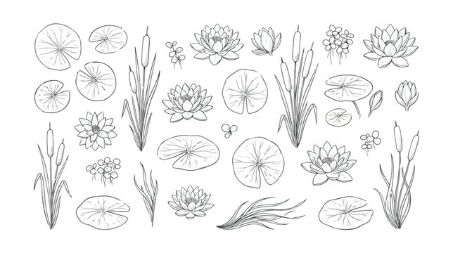 Hand drawn water lily and lotus flower line art collection, botanical pond plants and cattails vector set, elegant floral sketch elements