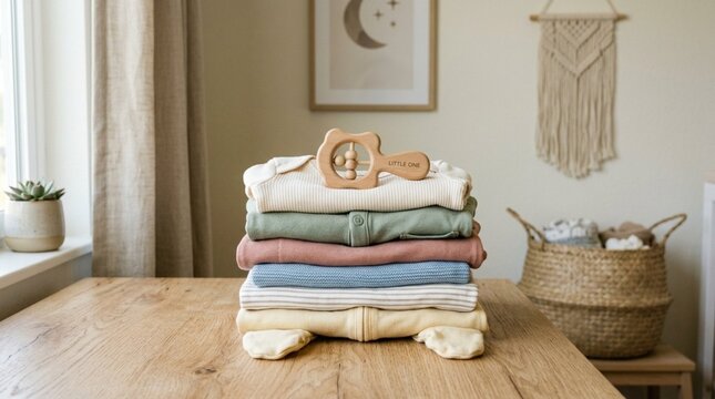 Baby clothes and wooden rattle on wooden surface
