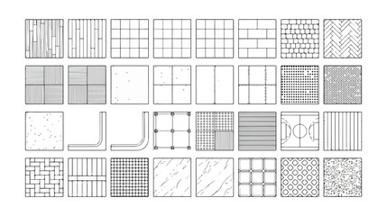 Architectural floor pattern icons set, 32 vector line symbols for interior design, paving and tiling textures for floor plan blueprints © Ahmad