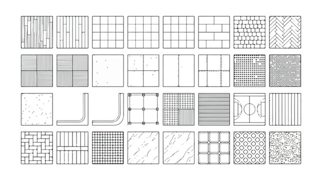 Architectural floor pattern icons set, 32 vector line symbols for interior design, paving and tiling textures for floor plan blueprints
