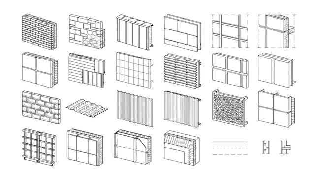 Architectural wall cladding systems vector set, technical facade insulation and siding details, 22 building exterior material icons