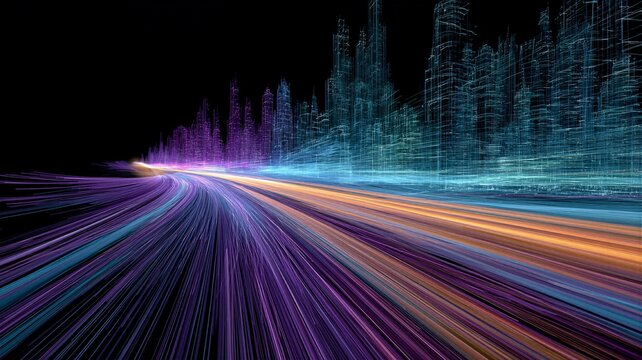 Holographic wireframe digital cityscape with fast glowing purple and blue fiber optic data streams.