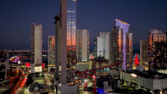 Downtown Miami skyline aerial view at night
