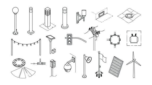Isometric outdoor lighting and urban infrastructure vector set, modern street lamps and smart city energy icons, architectural exterior lighting collection