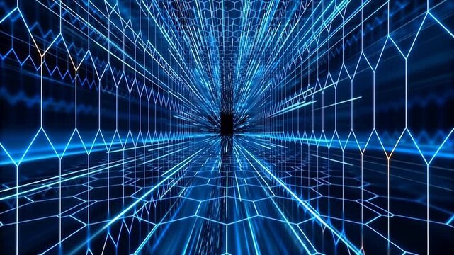 Blue neon grid tunnel perspective