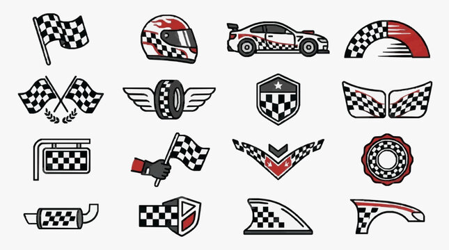 Sleek Checkered Flag Racing Icons Collection Featuring Classic Motorsport Symbols and Emblems with high professional line art symbols for modern creative design and digital branding projects