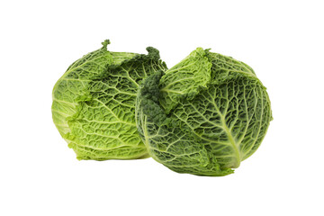 Fototapeta premium Two heads of fresh cabbage with green leaves are seen, isolated, PNG