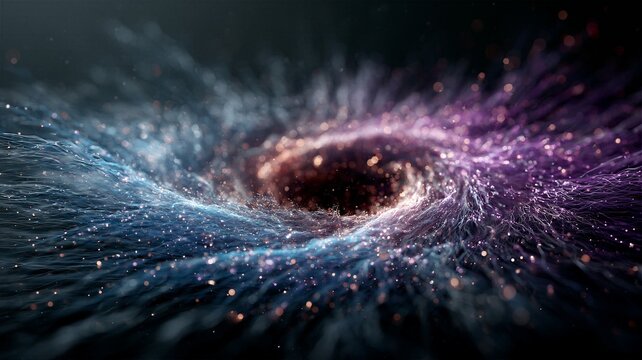 Swirling cosmic vortex of glowing purple and blue particles pulling into a dark center representing a black hole or magical portal.
