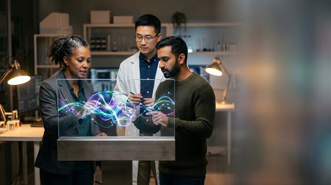 Diverse team of scientists analyzing digital brain interface in lab