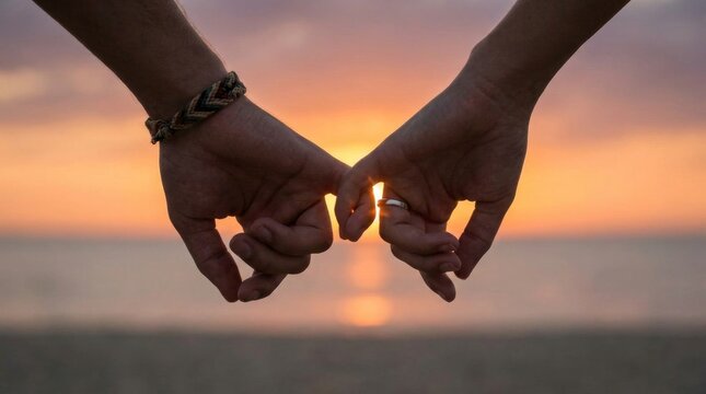 Romantic couple walking hand in hand on the beach during sunset representing love and deep connection