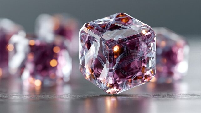 Futuristic transparent crystal cube containing glowing purple organic core and luminous wires. Conceptual design for quantum computing or energy storage.