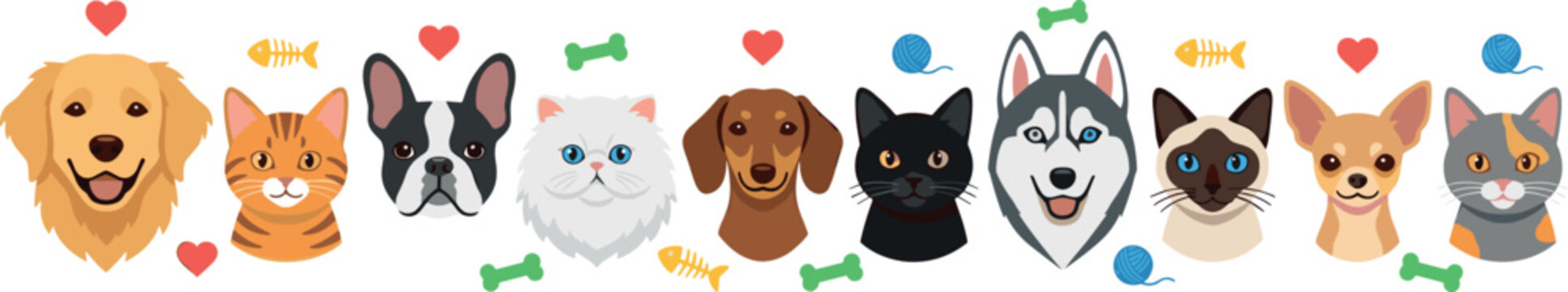 Cute Pet Face Vector Set Featuring Popular Dog and Cat Breeds with Heart Bone and Fish Toy Elements
