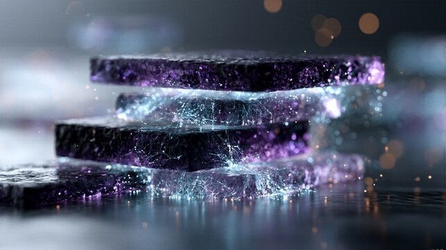 Stacked dark purple textured processors separated by intense glowing blue electrical energy and dynamic sparks. Advanced supercomputer hardware concept.