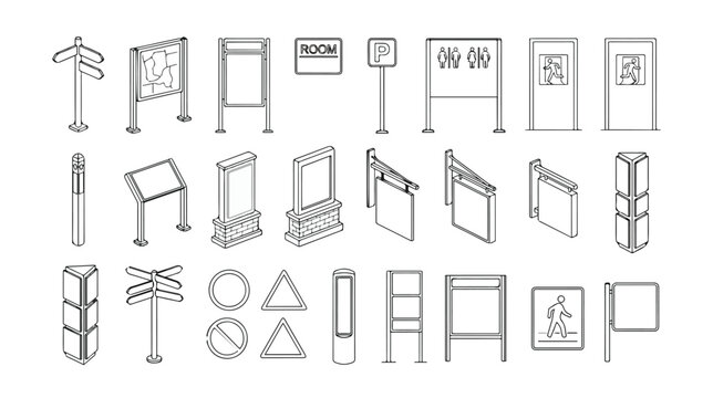 Isometric wayfinding signage icons, 24 line art navigation signs and street directory elements, minimalist urban information board vector set