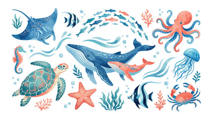 Ocean life collection featuring whales sea turtle octopus and stingray © Muhammad