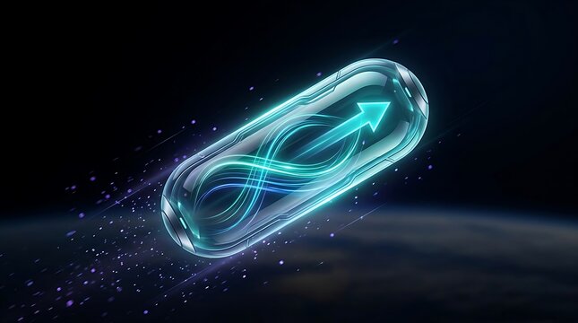 Capsule shaped object with glowing infinity symbol and arrow 3d rendering pill