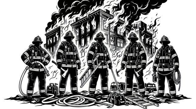 Brave firefighters standing before a burning city building