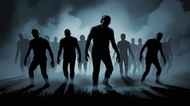 Zombie apocalypse silhouette scene with undead crowd in dark foggy background