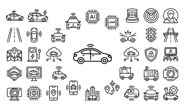 Autonomous Vehicle Technology Icon Collection with Self Driving Cars and Smart Mobility Systems