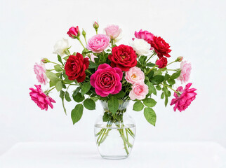 Obraz premium Beautiful Multicolored Roses Bouquet Glass Clear Vase