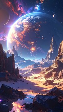 A vibrant, cosmic landscape with a large planet
