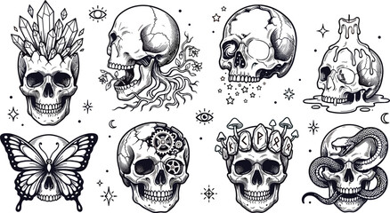 Fototapeta premium Gothic Skull Illustration Collection with Crystal Crown, Butterfly Wings, Serpent, Mushrooms, Melting Skulls, and Dark Occult Elements