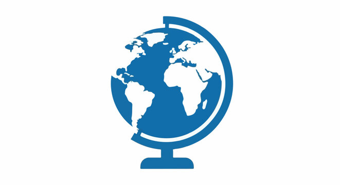 A blue and white graphic of a globe on a stand