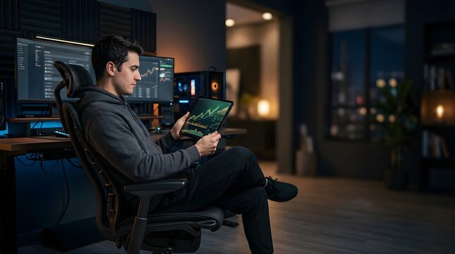 Young trader analyzing stock market graphs on a tablet in home office