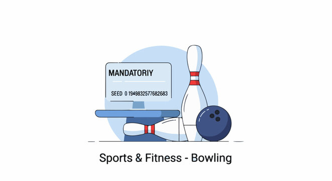 A bowling ball and pins with a computer screen displaying mandatory seed