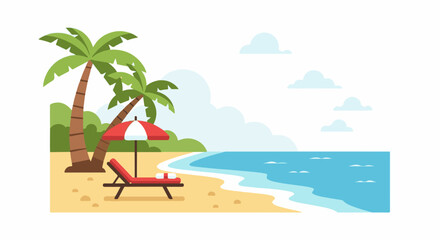 Obraz premium A cartoon beach scene with palm trees, red lounge chair, and umbrella