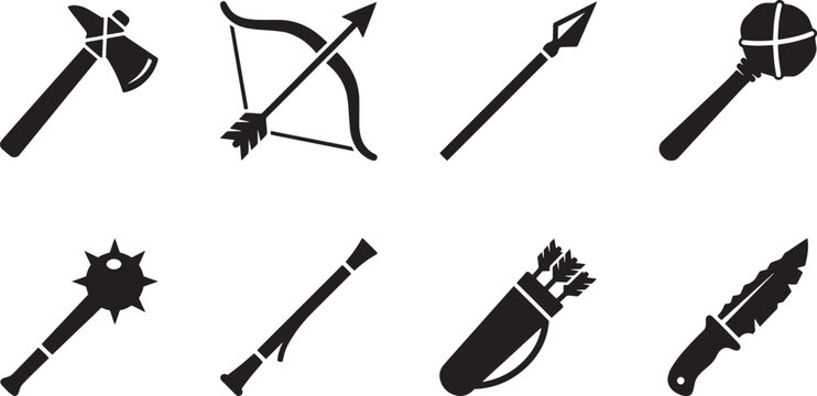 Collection of ancient tribal weapon silhouettes including tomahawk bow spear mace and knife icons for graphic design elements isolated on white background.