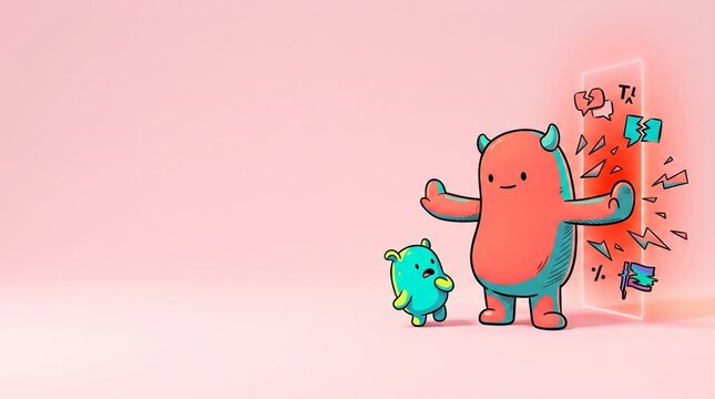 Protective cartoon monster shielding child from digital toxicity and social media pressure, online safety concept for Gen Z and Gen Alpha.