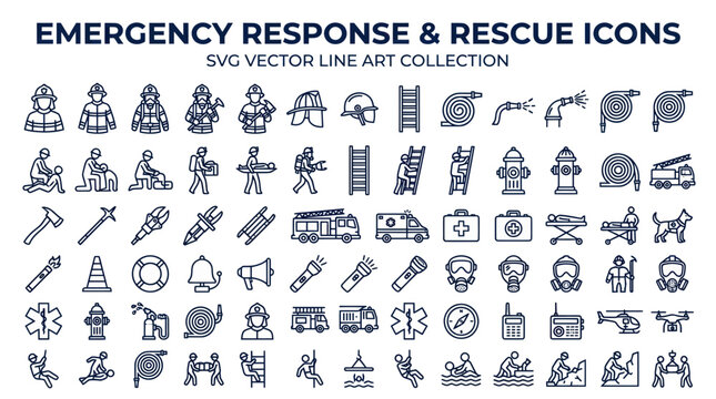 Emergency response and rescue services line icon set