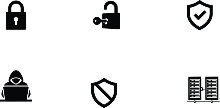 Cybersecurity protection icons with padlock, shield, hacker, and server rack symbols representing data security, encryption, hacking, and secure networks