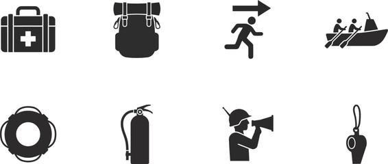Emergency preparedness safety rescue icons set including first aid kit, evacuation, life preserver, fire extinguisher, whistle, survival essentials © Arif Creatives