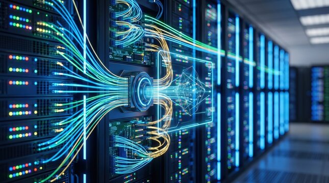 High tech server room with glowing fiber optic cables, data center infrastructure, cloud computing network connection, digital information processing and storage system
