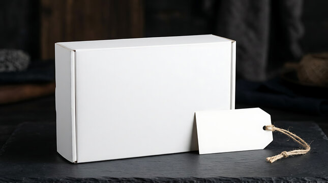 Blank Mockup of a white cardboard mailer box and price tag on dark slate surface for branding design