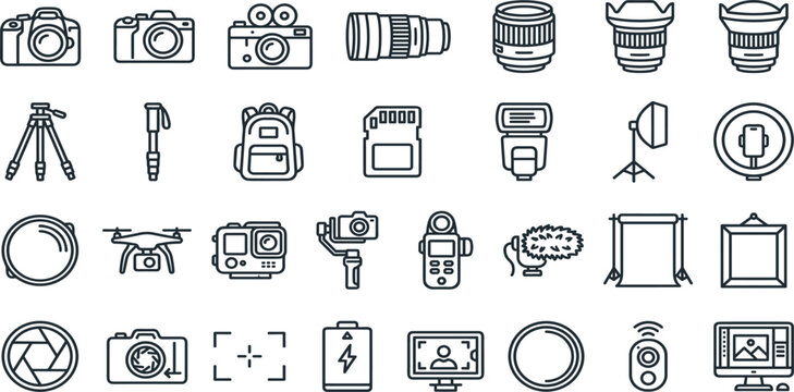 Photography and Camera Equipment Line Icon Set with Lenses Tripods Drones Studio Lighting and Digital Imaging Tools