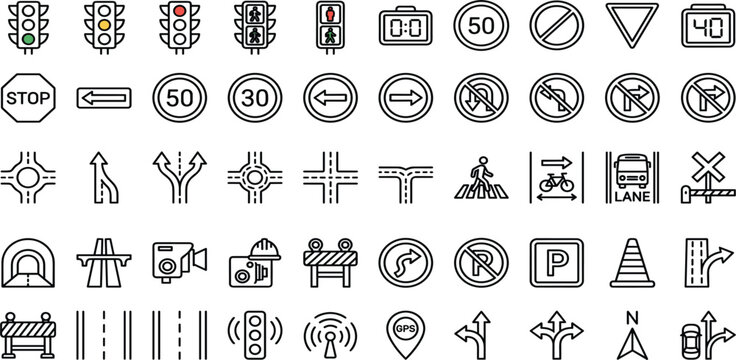 Traffic and Road Sign Line Icon Set with Navigation Symbols Speed Limits Direction Controls and Transportation Safety Elements
