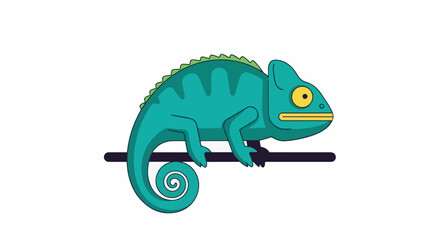 Naklejka premium A cartoon teal chameleon with yellow eyes and green spines perches on a branch